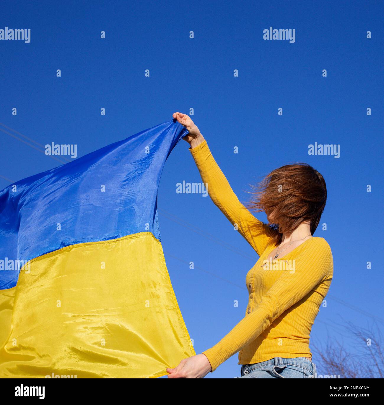 Ukrainian yellow-blue flag in hands of unrecognizable woman flutters in wind against sky. National symbol of freedom and independence of Ukraine. stop Stock Photo