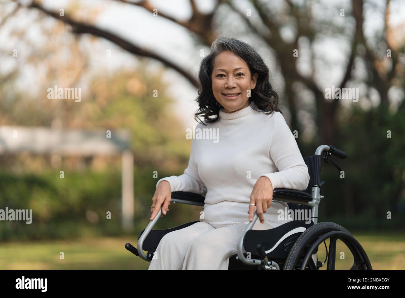 Happy Senior Asian Women In Wheelchair At Home Garden. Older Asian ...