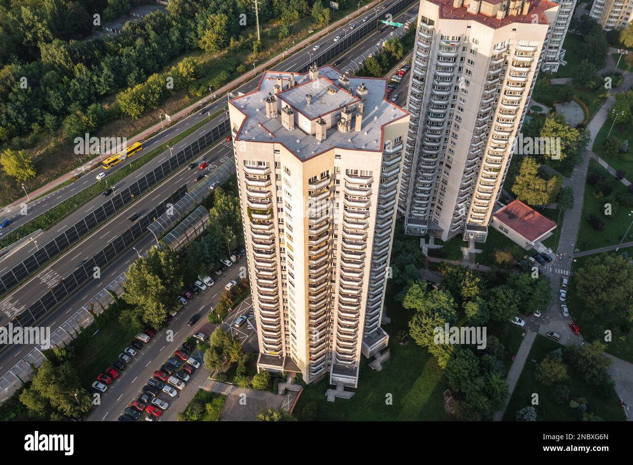 Drone view of o residential buildings at Walenty Rozdzienski Estate simply called The Stars in Katowice city, Silesia region of Poland Stock Photo