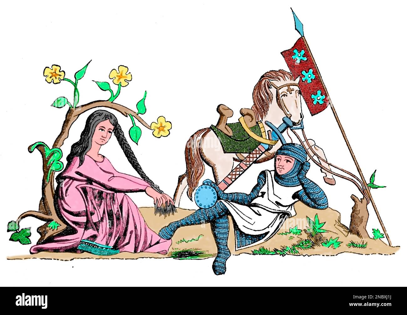 Courtly love. Woman under the safeguard of Knighthood. Engraving. Stock Photo