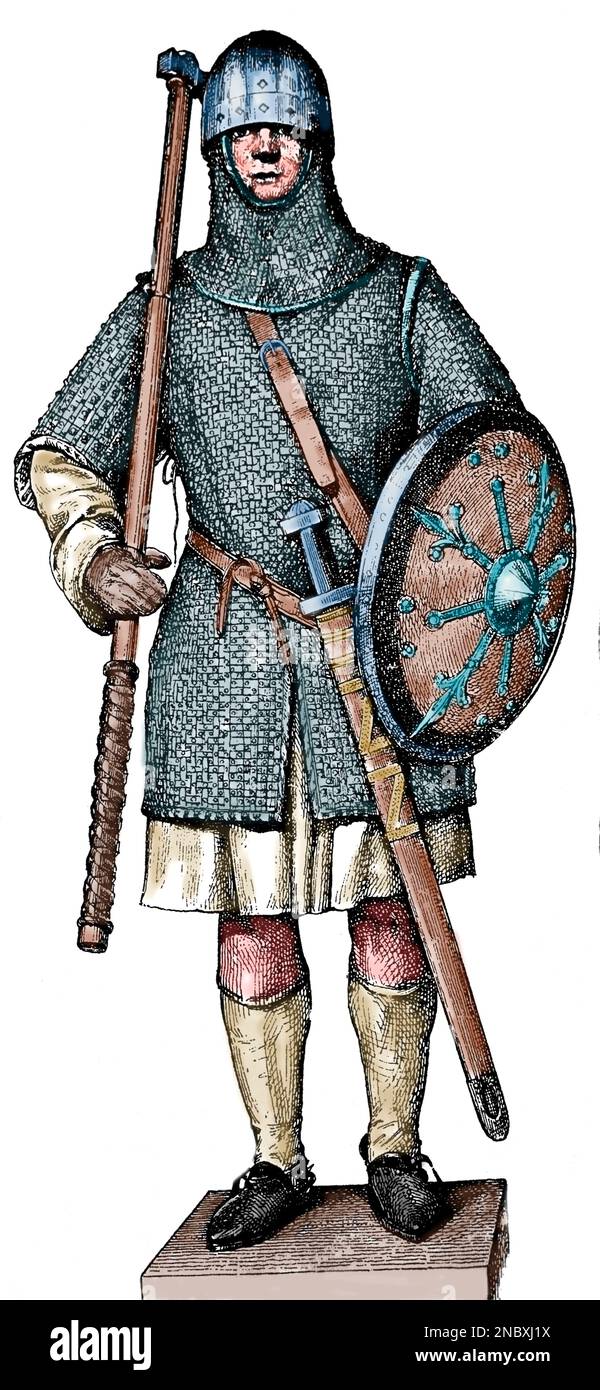 Early Middle Ages. 10th century. Soldier with coat of mail. Engraving. Stock Photo