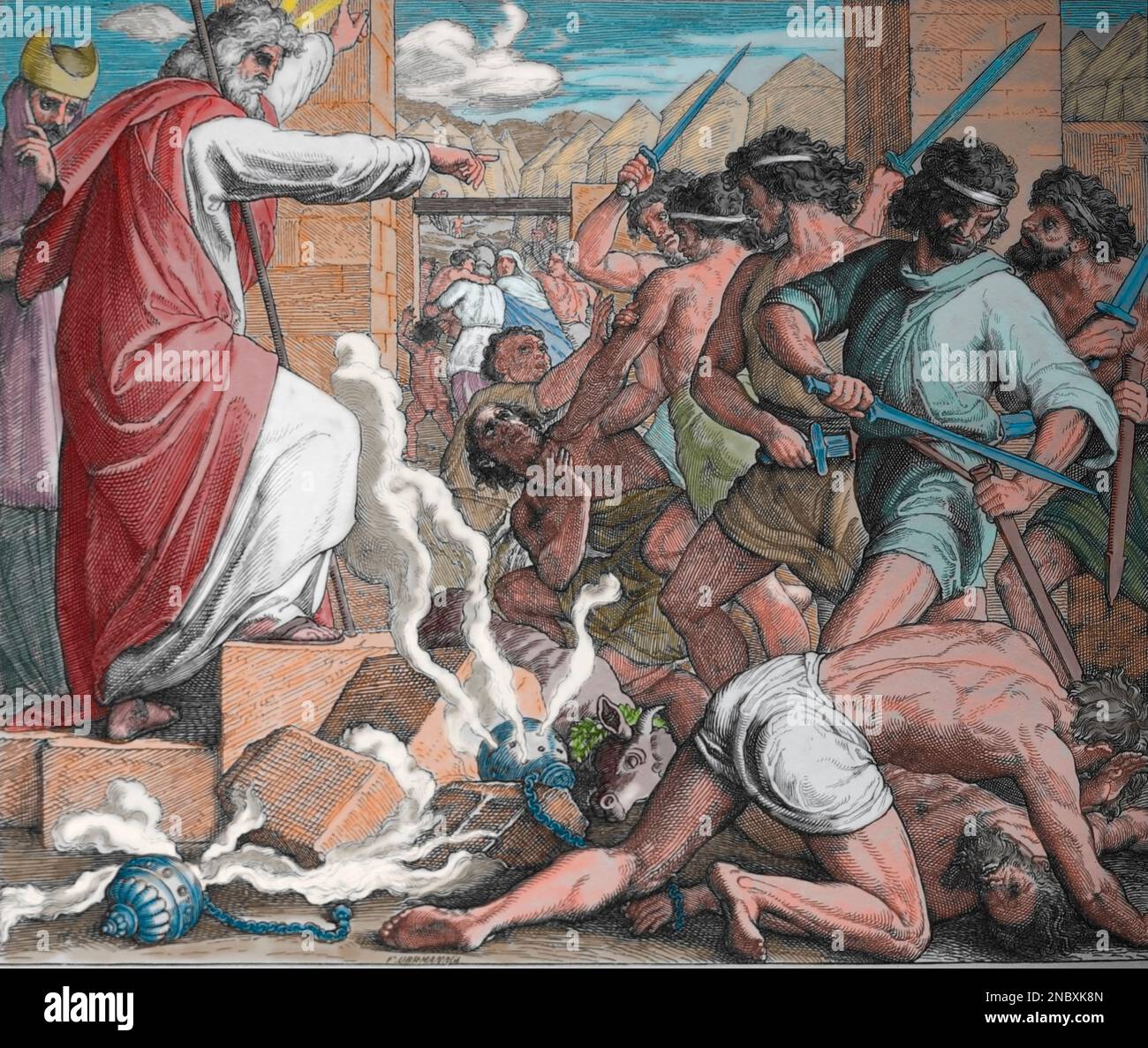 The lord orders Moses to punish idolatry of the people. Exodus. Bible. Engraving. Stock Photo