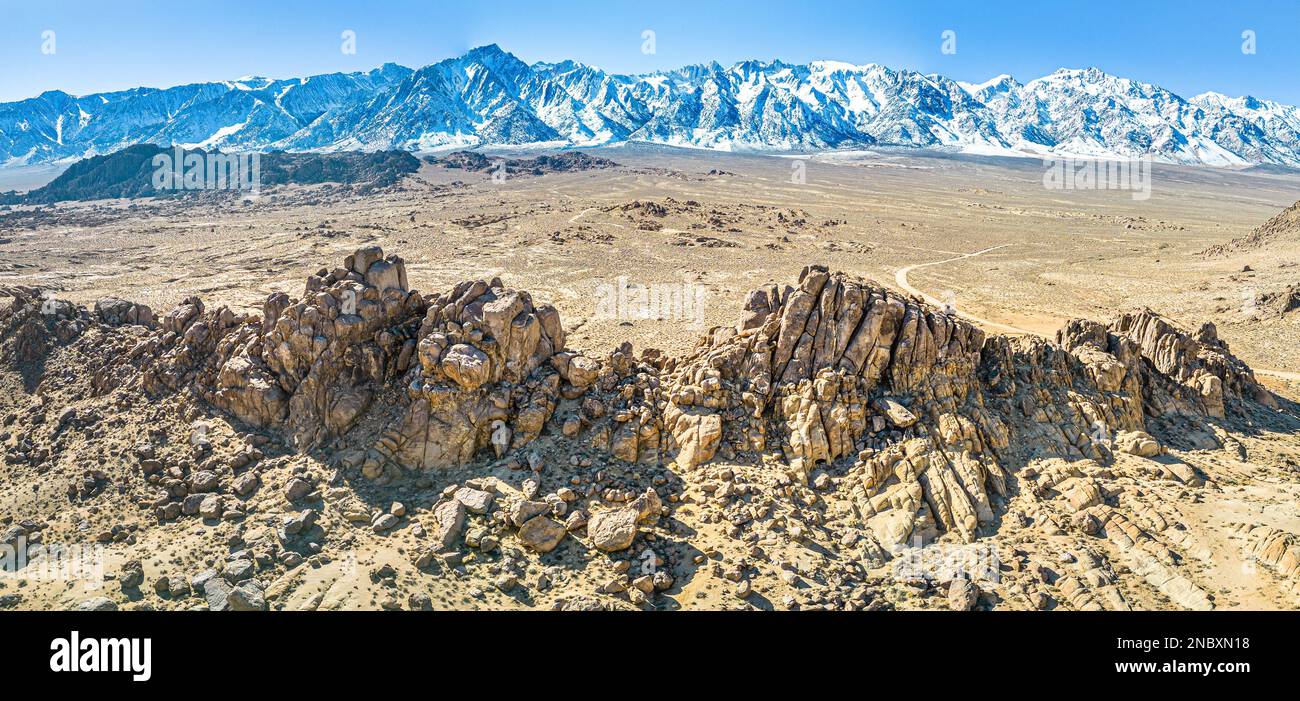 Alabama Hills with Mount Whitney in the back. Movie Raod. Aerial Panorama Stock Photo