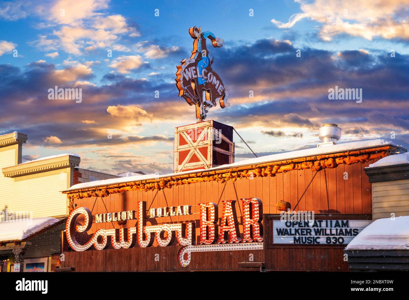 Cowboy Bar in Jackson Hole with Snow Jackson Hole,Wyoming,USA Stock Photo