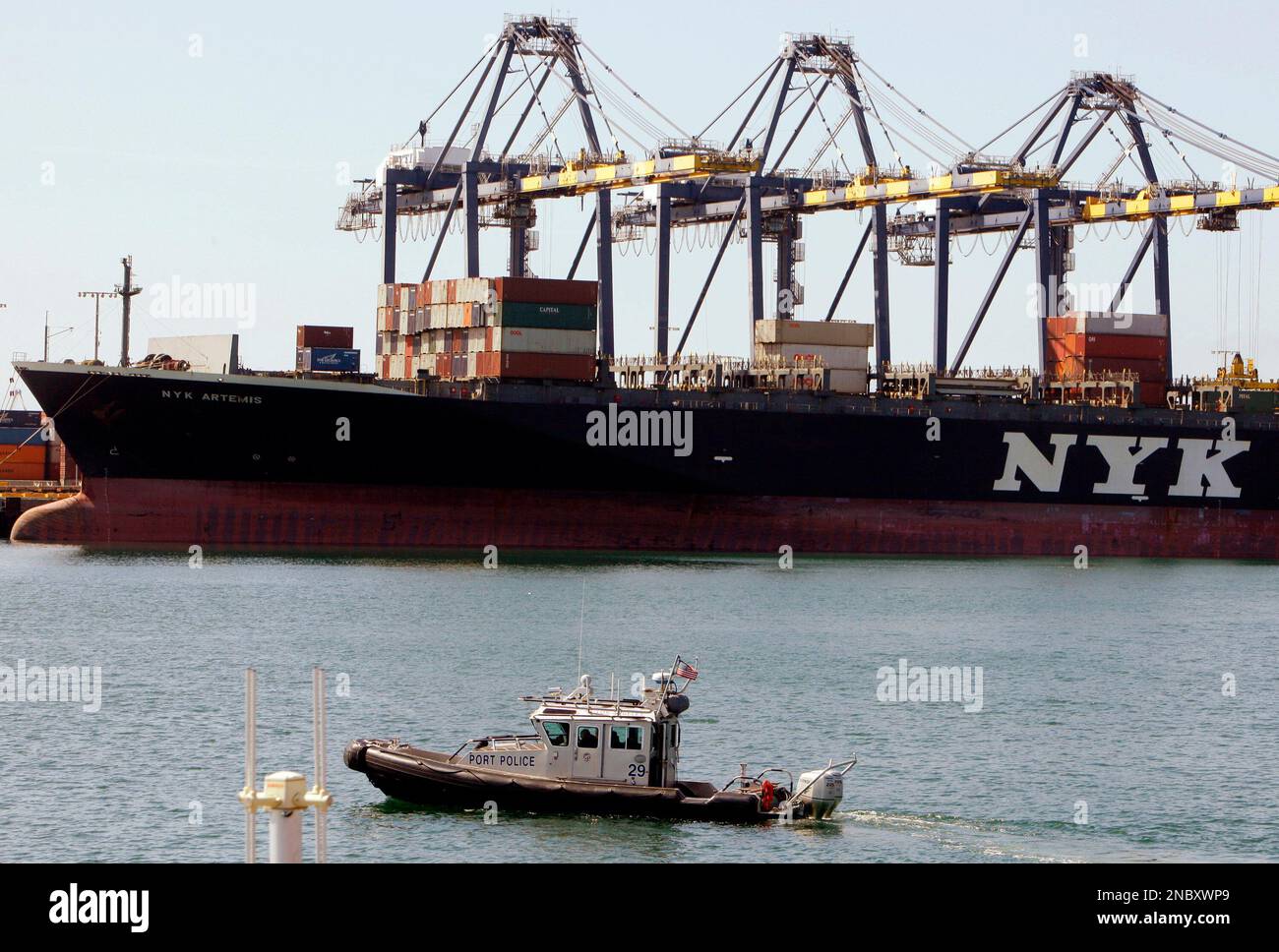 A Los Angeles Port Police boat patrols the Port of Los Angeles Monday