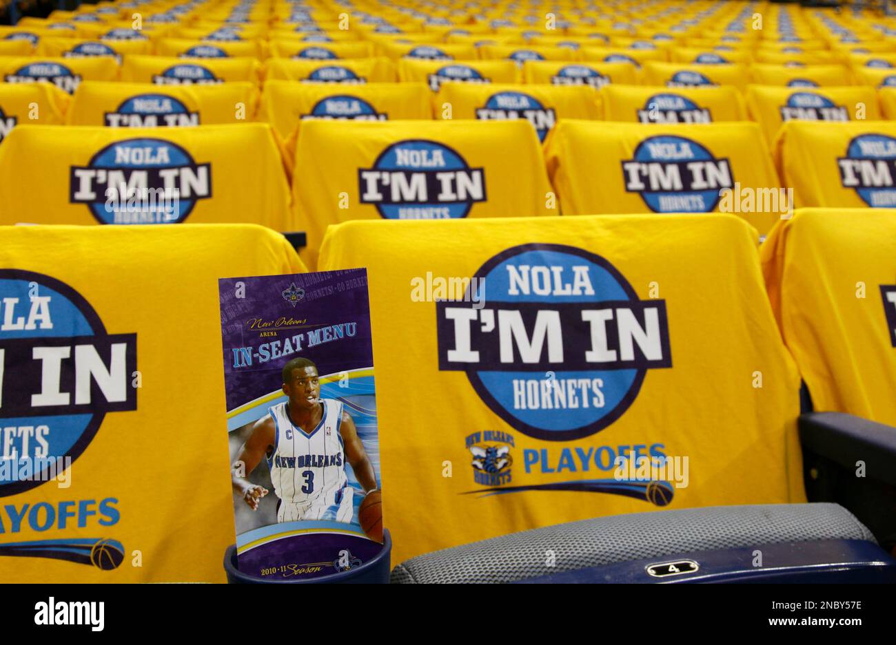 New Orleans Hornets T shirts Are Placed On The Seats In New Orleans new-orleans-hornets-t-shirts-are-placed-on-the-seats-in-new-orleans