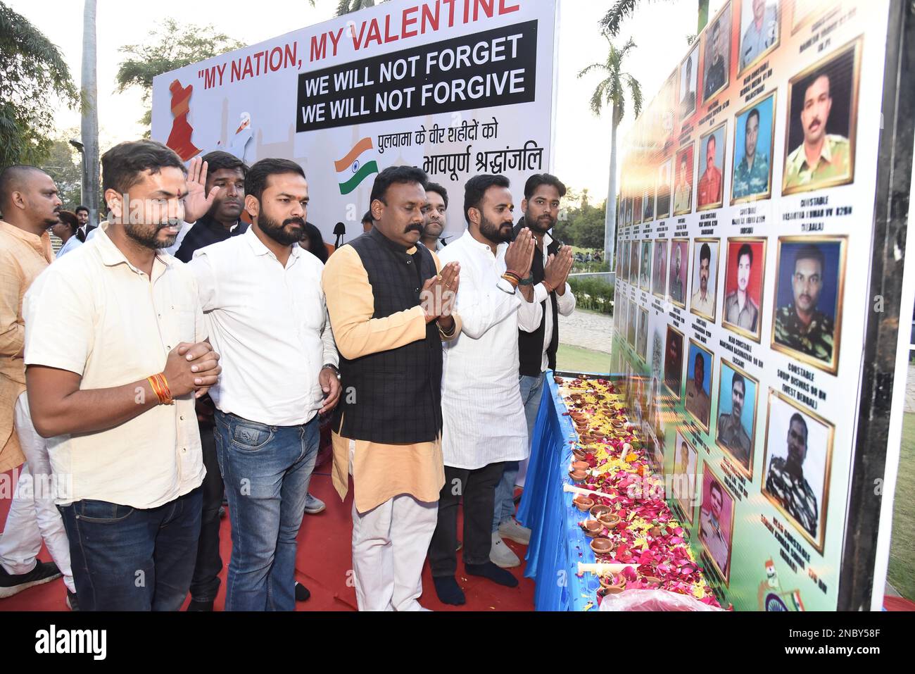 MADHYA PRADESH, INDIA, JABALPUR, 14th FEBRUARY: BJP Yuva Morcha President Yogendra Singh Thakur along with party workers paying tribute to the victims of suicide attack in Pulwama district in 2019 under the program 'My Nation My Valentine', in Jabalpur on Tuesday, February 14, 2023. Photo By - Uma Shankar Mishra Stock Photo