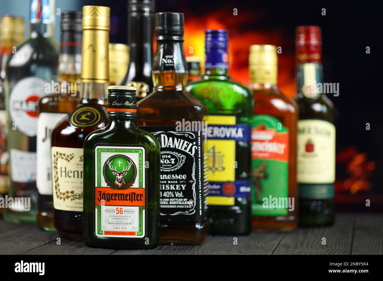 KYIV, UKRAINE MAY 4, 2022 Many new bottles of worldwide popular