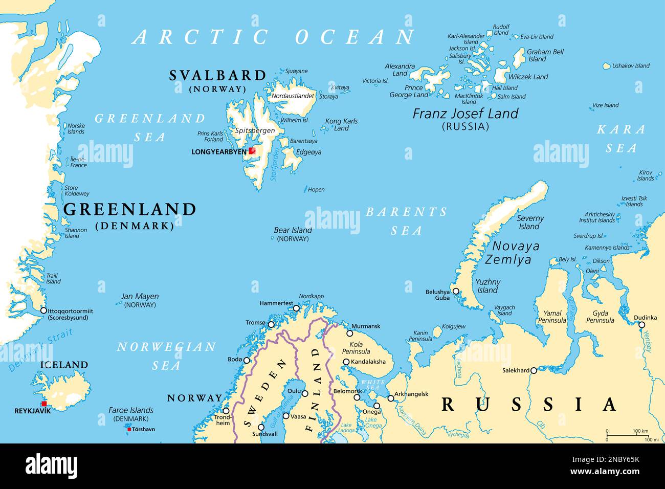 Arctic Ocean region north of mainland Europe, political map. From the eastern part of Greenland to Svalbard to Franz Josef Land. Stock Photo