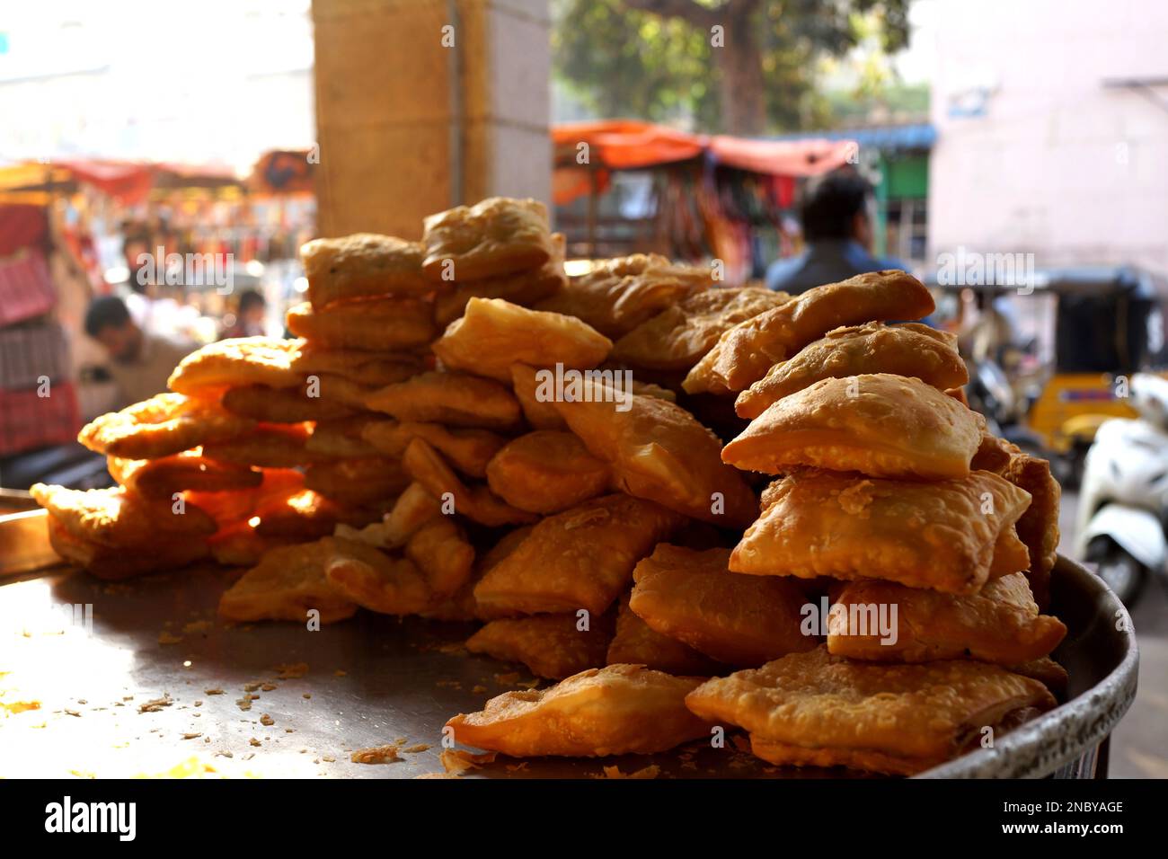 Street food vendor Samosa's on Laad Bazaar or Choodi Bazaar old market located around the historic Charminar Hyderabad India Andhra Pradesh Stock Photo