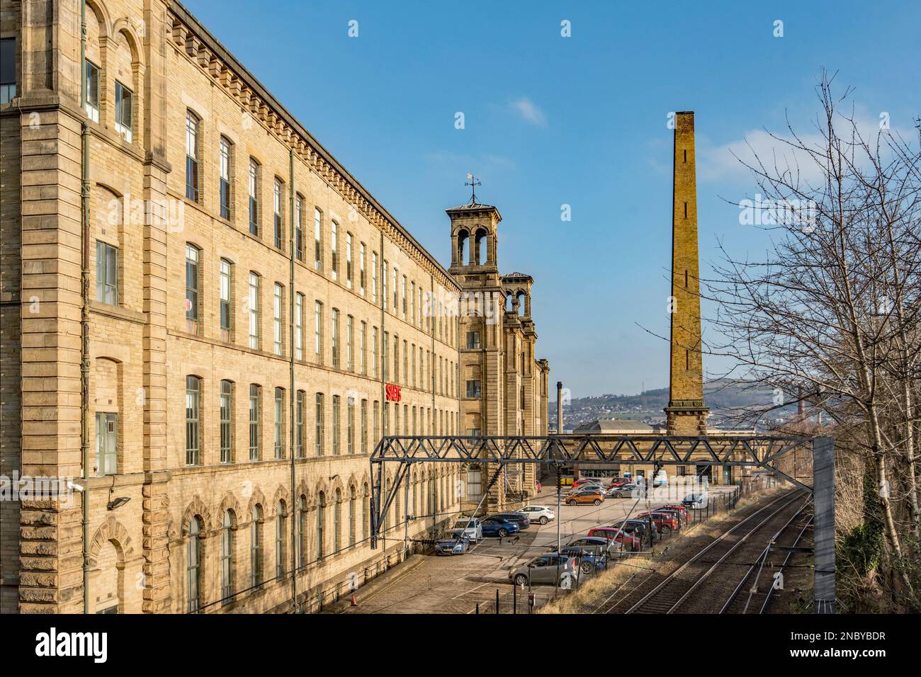 The main mill chimney at Salts Mill in Saltaire, West Yorkshire