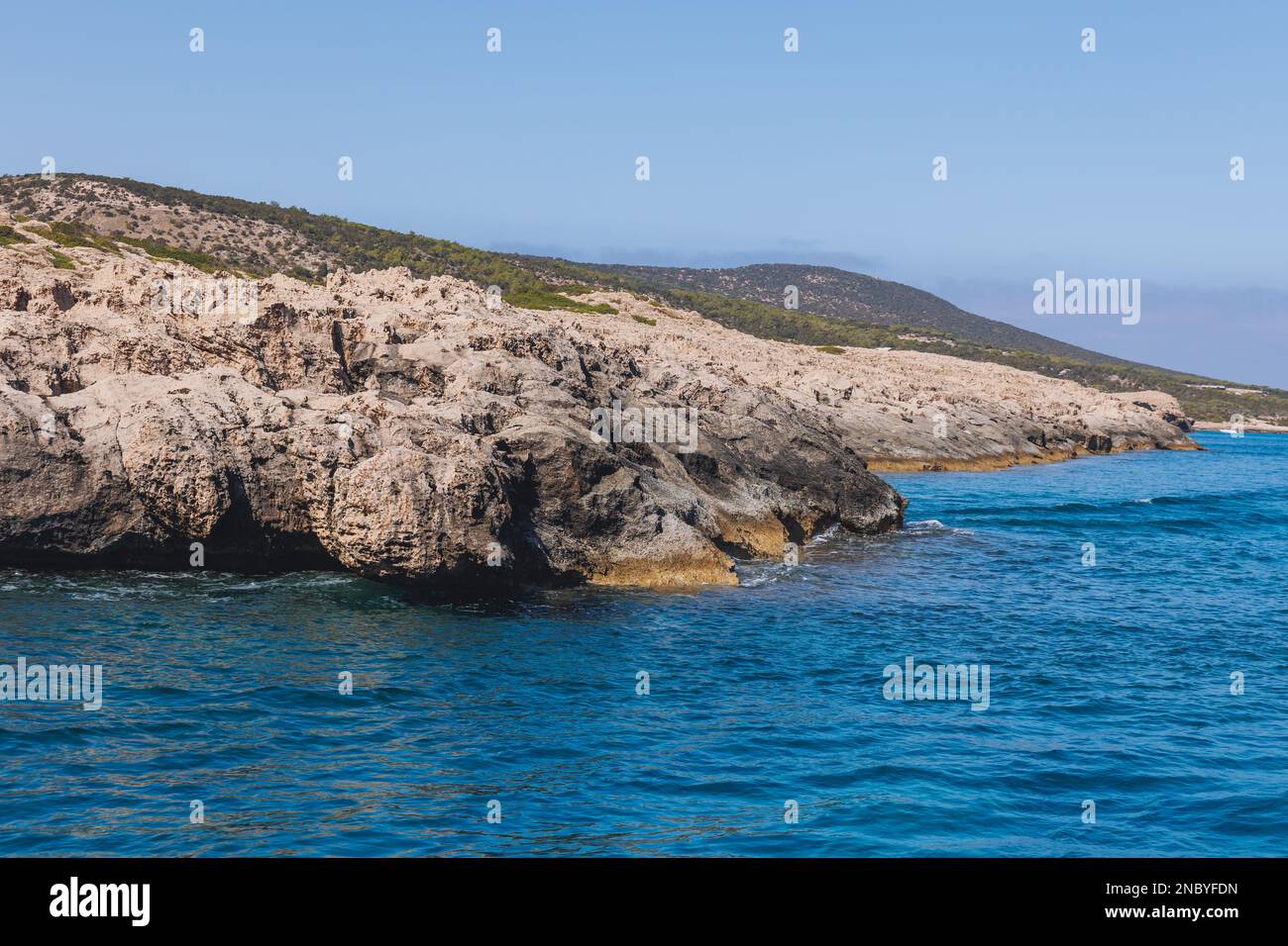 Rocky coast near so called Blue Lagoon on the coast of Akamas Peninsula in Cyprus island country Stock Photo