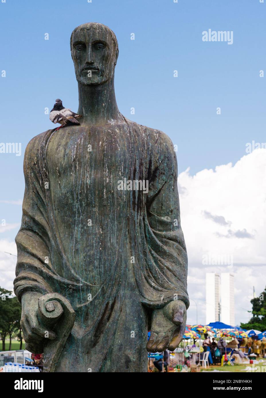 Brasilia, Brazil - February 13, 2023: Statue in Brasilia, Brazil with Planalto government buildings in background Stock Photo