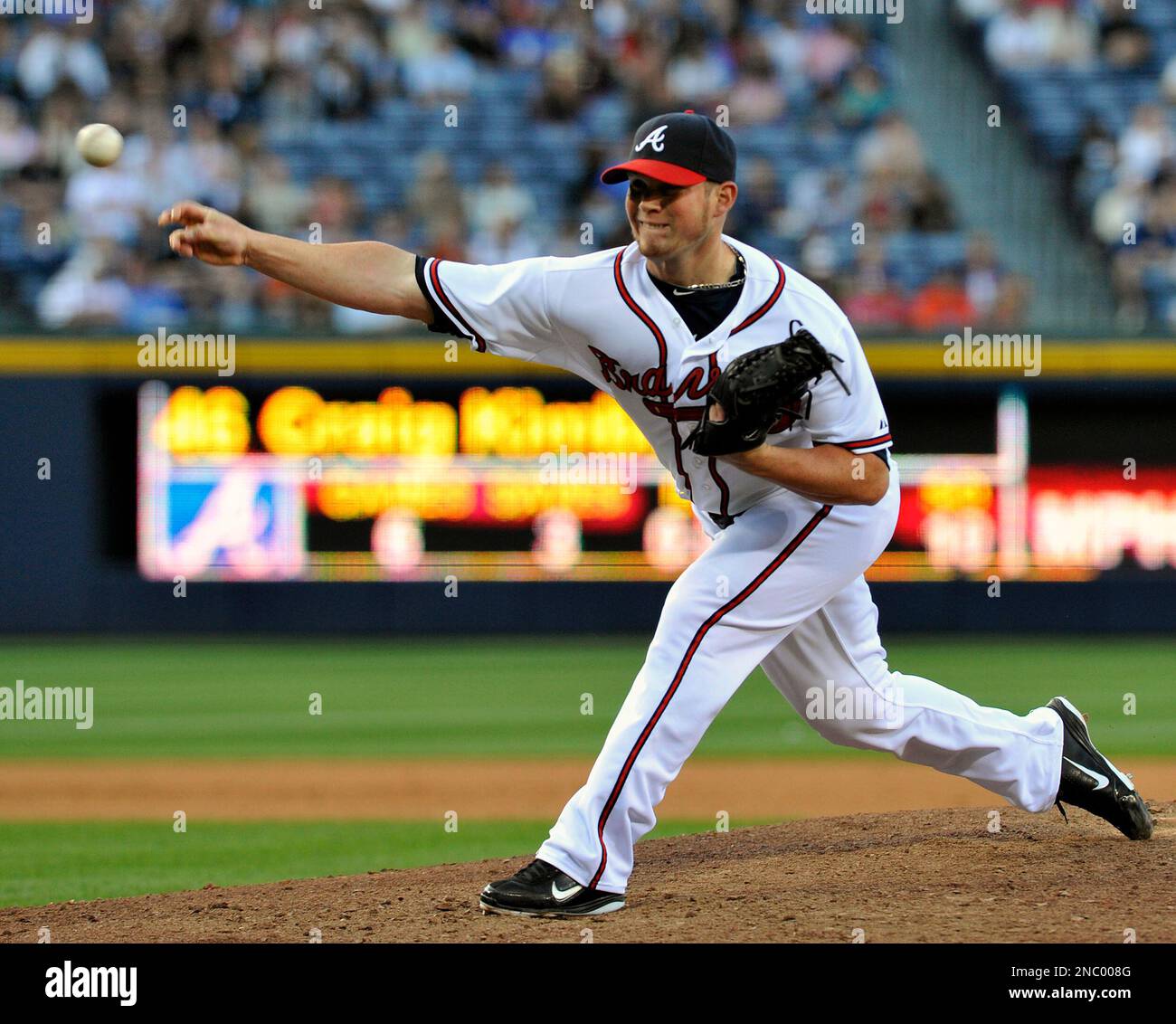 Atlanta Braves closer Craig Kimbrel delivers to the New York Mets during  the ninth inning, in the first baseball game of a doubleheader Saturday,  April 16, 2011, at Turner Field in Atlanta.