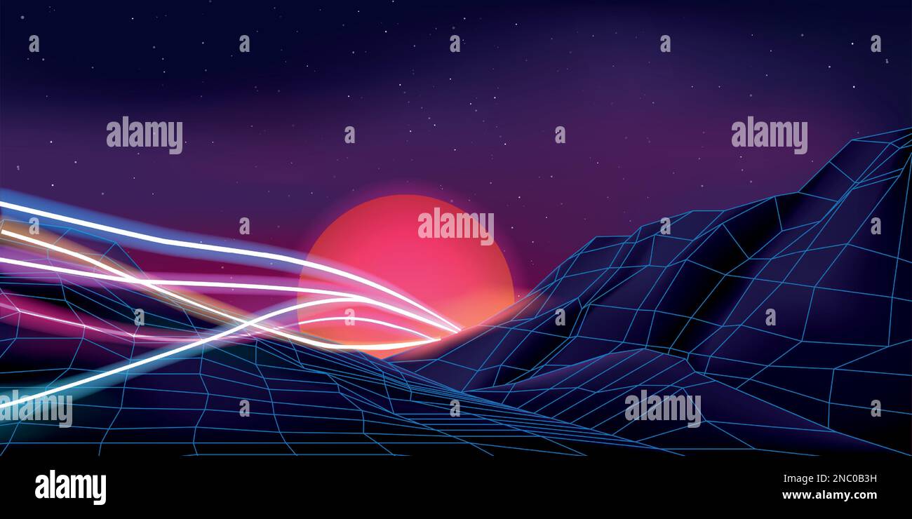 Abstract technology background for computer party. Light space and sun landscape, retro mountains, digital glowing wave. Cyber surface 90s style, purple lights, arcade games vector design illustration Stock Vector