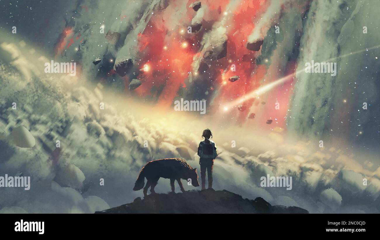 girl and her wolf on top of the mountain watching the sky explode into a dazzling red., digital art style, illustration painting Stock Photo