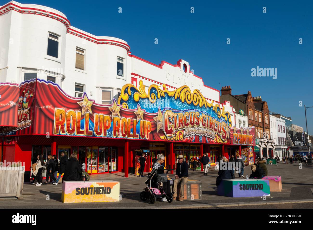 Marine Parade, Southend on Sea, Essex, UK. 14th Feb, 2023. The day has been sunny since a cool dawn, but has warmed up to around 12 degrees Celsius by the afternoon in the seaside city. Amusement arcades on Marine Parade Stock Photo