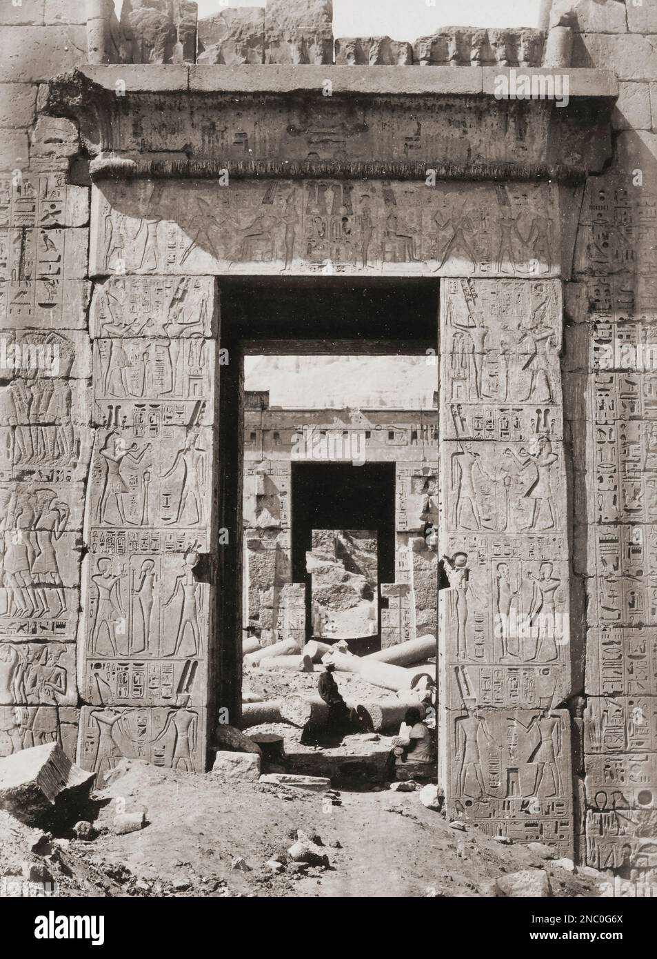 Pylon, or monumental gate, at the Medinet Habu archeological complex near Luxor, Egypt.  After a mid-19th century photograph by English photographer Francis Frith. Stock Photo