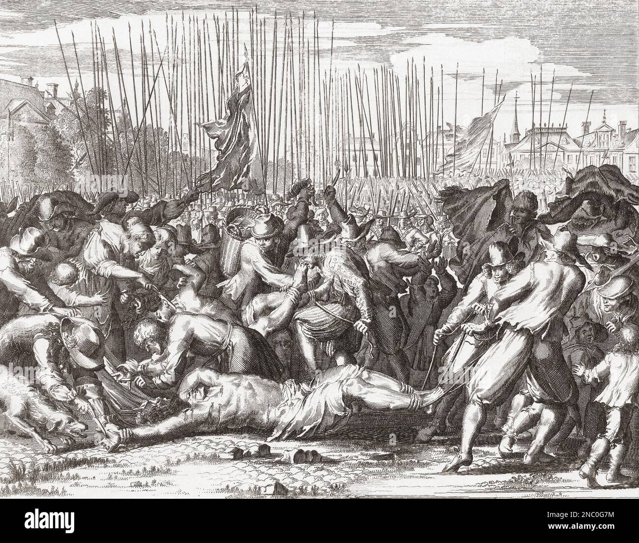 The murder of the De Witt brothers, Johan and Cornelis, August 20, 1623.  The brothers were lynched by supporters of William of Orange on August 20, 1672.  From an engraving by Romeyn de Hooghe. Stock Photo