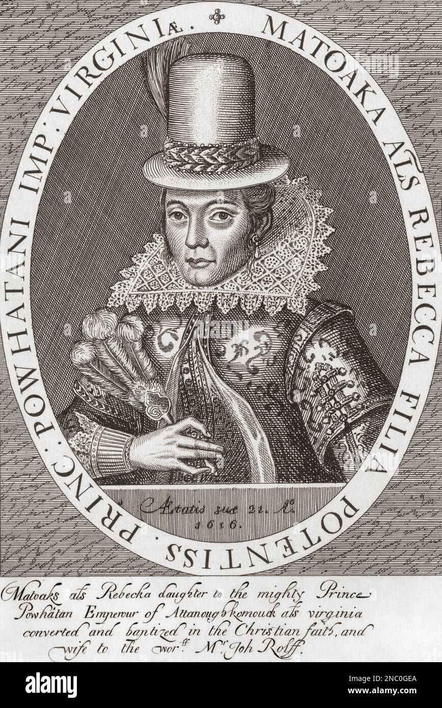 Pocahontas born Matoaka, known as Amonute, c.1596 – 1617.  Native American woman associated with the colonial settlement at Jamestown, Virginia.  She married English settler John Rolfe.  She died in Gravesend, in 1617, during a trip to England.  She is said to have saved settler Captain John Smith from death when she interceded for him with her father, Powhatan, a local indigenous chieftain.  After a 18th century work by Reinier Vinkeles. Stock Photo