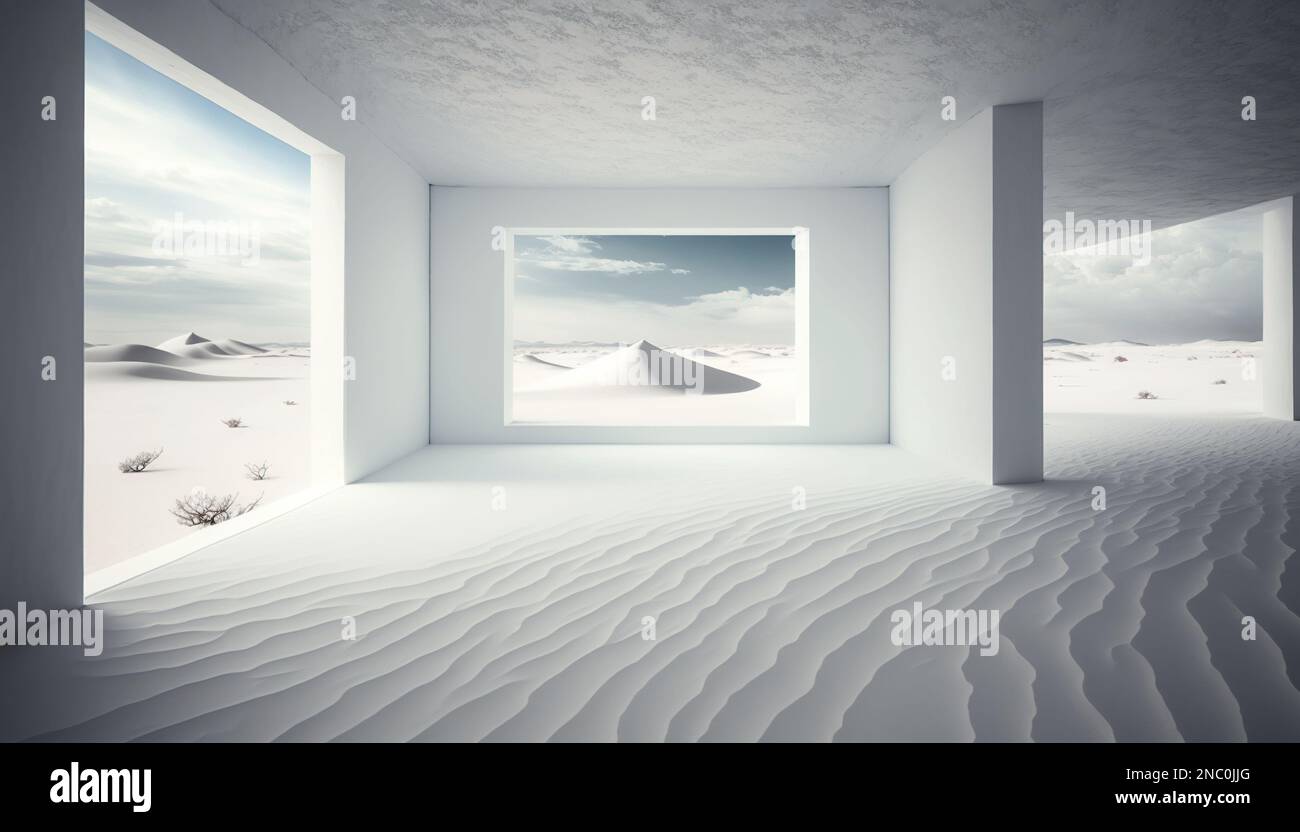 Large spacious white interior with sand in room. 3D render Stock Photo ...