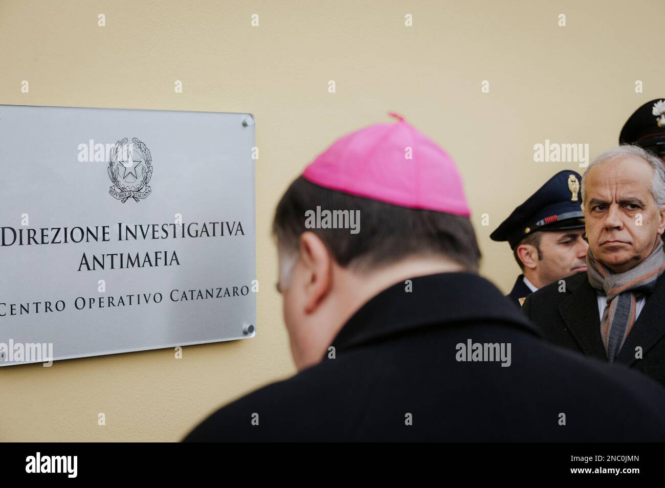 Catanzaro, Italy. 13th Feb, 2023. A new placard with the name of the Antimafia Investigation Deparment was uncovered at the presence of Minister Matteo Piantedosi (R). The Italian Minister of Interior Matteo Piantedosi attended the inauguration of the operative Anti-mafia Investigation Department (DIA - Direzione Investigativa Antimafia) The Minister also attended the provincial meeting for order and public security and the signature for a protocol for re-usage of buildings and assets seized from organise crime. Credit: SOPA Images Limited/Alamy Live News Stock Photo