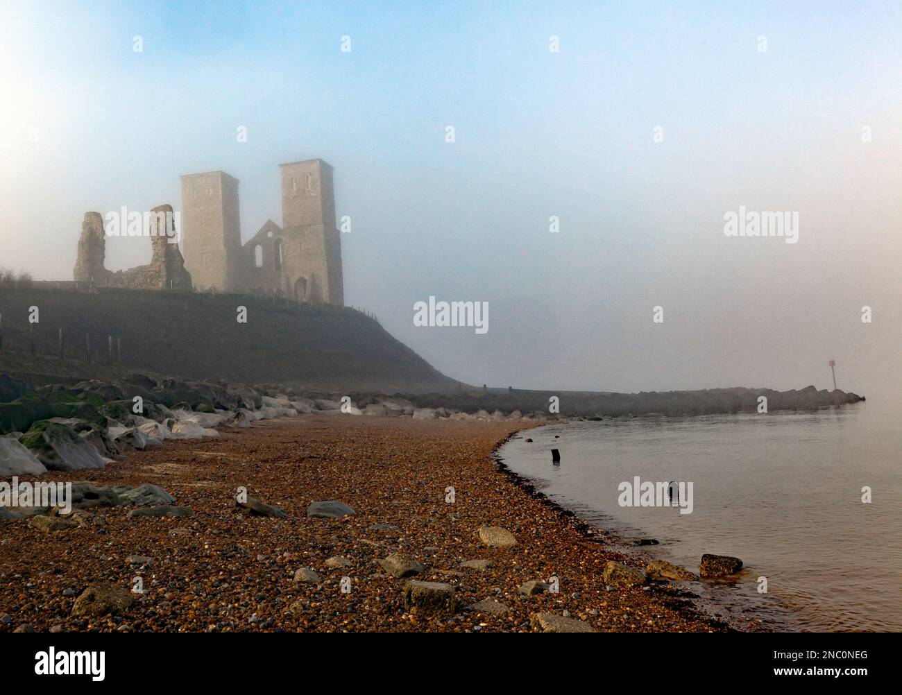 The Remains of St Mary's Church in early morning freezing fog, at Reculver Country Park, Thanet, Kent Stock Photo