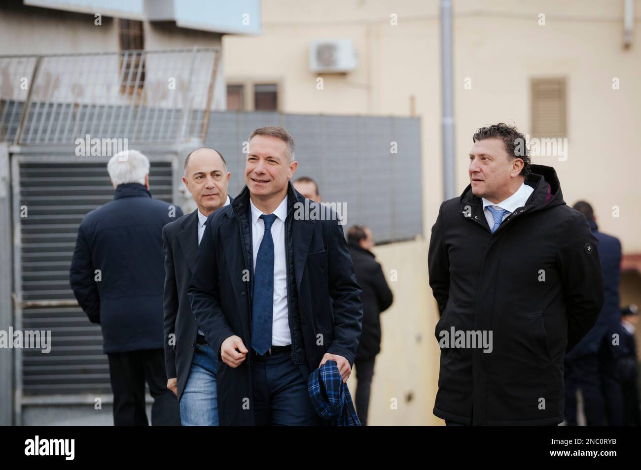 Catanzaro, Italy. 13th Feb, 2023. Camillo Falvo (C), Vibo Valentia' s anti-mafia Prosecutor, seen arriving at the event. The Italian Minister of Interior Matteo Piantedosi attended the inauguration of the operative Anti-mafia Investigation Department (DIA - Direzione Investigativa Antimafia) The Minister also attended the provincial meeting for order and public security and the signature for a protocol for re-usage of buildings and assets seized from organise crime. (Photo by Valeria Ferraro /SOPA Images/Sipa USA) Credit: Sipa USA/Alamy Live News Stock Photo