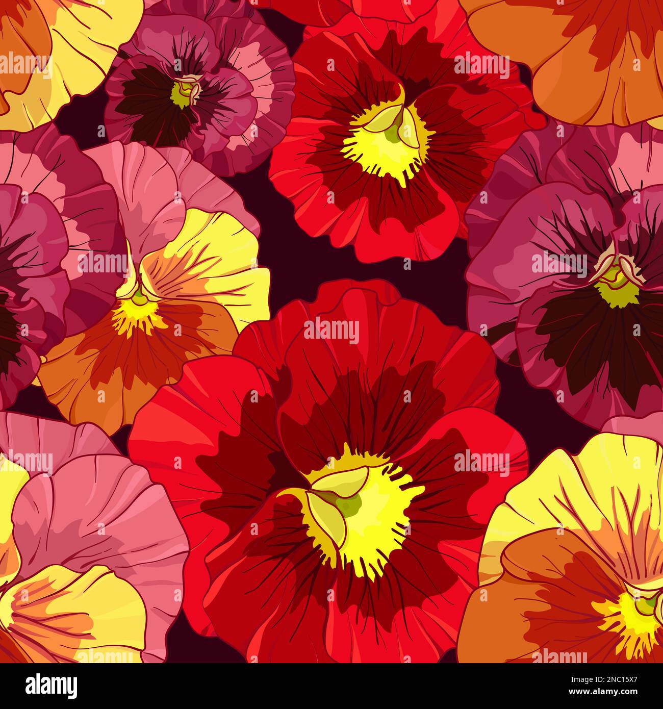 Bright red and orange flowers of pansy on a dark burgundy background. Seamless vector pattern. Hand drawing vector illustration. Stock Vector