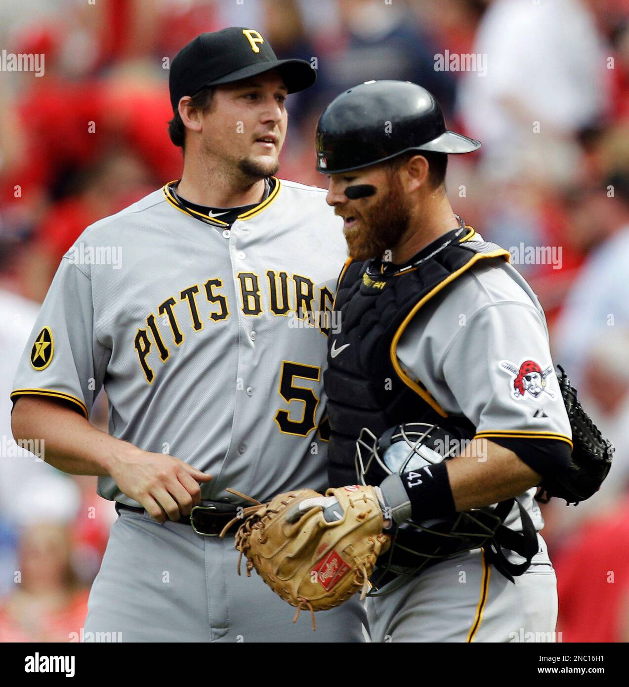 Pittsburgh Pirates relief pitcher Joel Hanrahan, left, and catcher Ryan ...