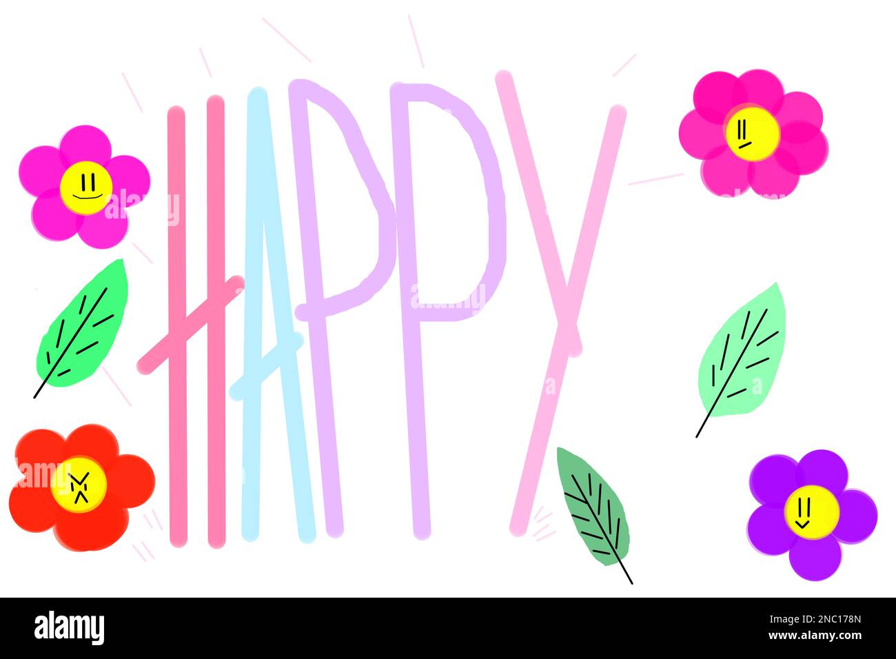 The word happy in a frame of flowers. Children's drawing Stock Photo