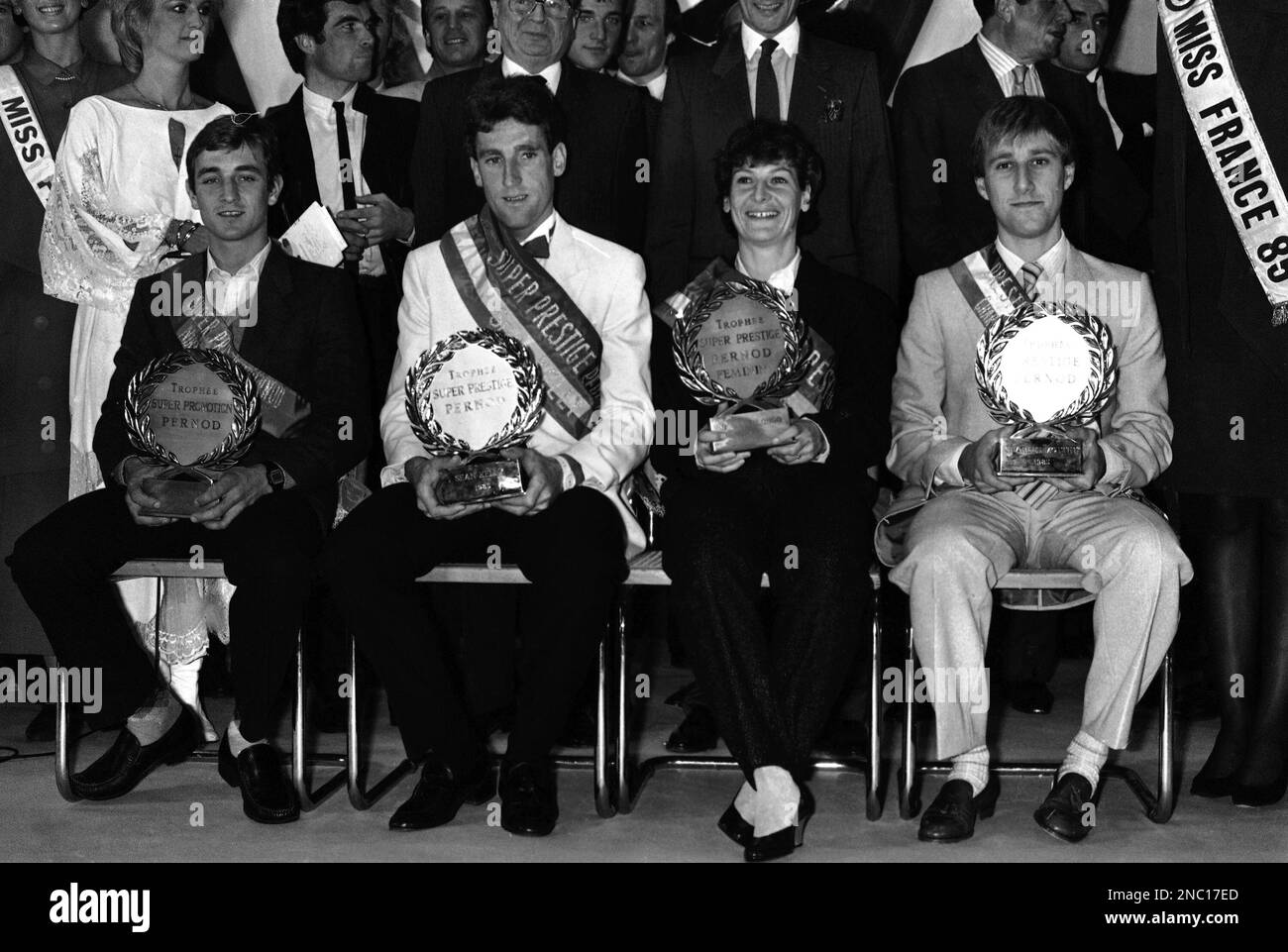 Irish cyclist Sean Kelly poses with fellow winners after being awarded