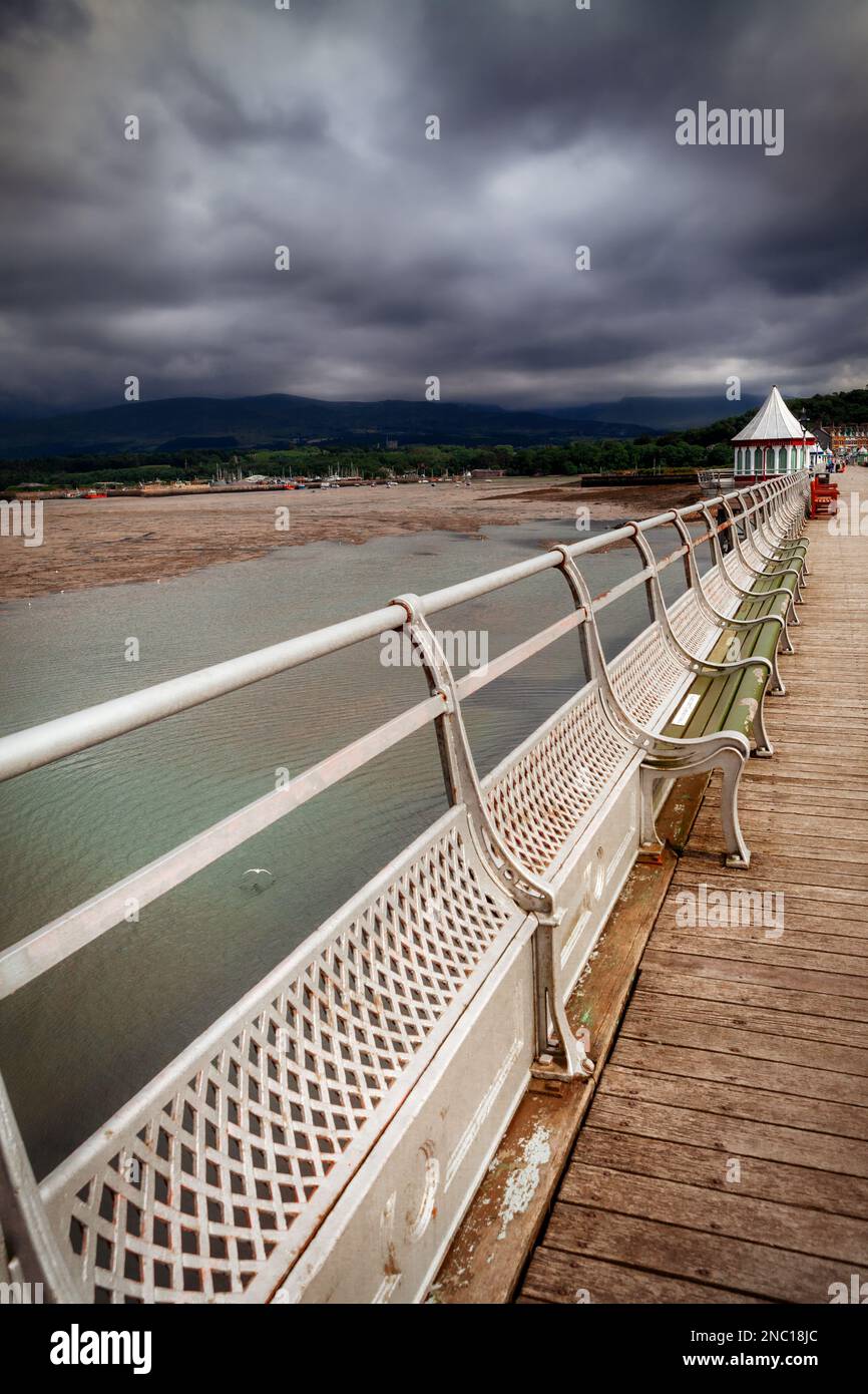 Bangor pier, showing the intricate Victorian ironworks and octagonal booth, Bangor, North Wales Stock Photo
