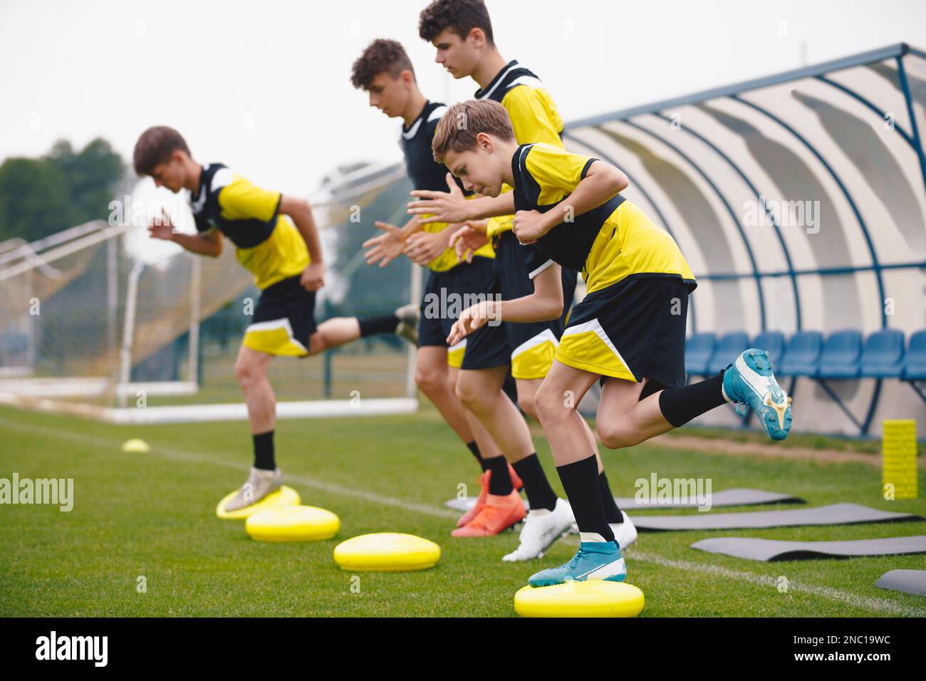 Football Balance Training. Youths on Stability Sports Training on Balance Cushions. Young Soccer Players Improving Core Strength Balance and Stabilit Stock Photo Alamy