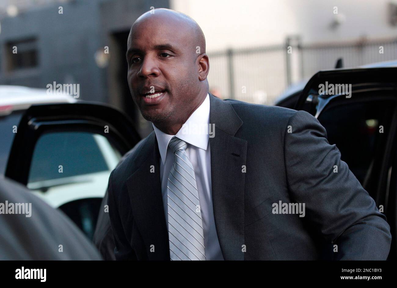 Former baseball player Barry Bonds arrives for his trial at federal court in San Francisco, Tuesday, April 5, 2011. (AP Photo/Jeff Chiu) Stock Photo
