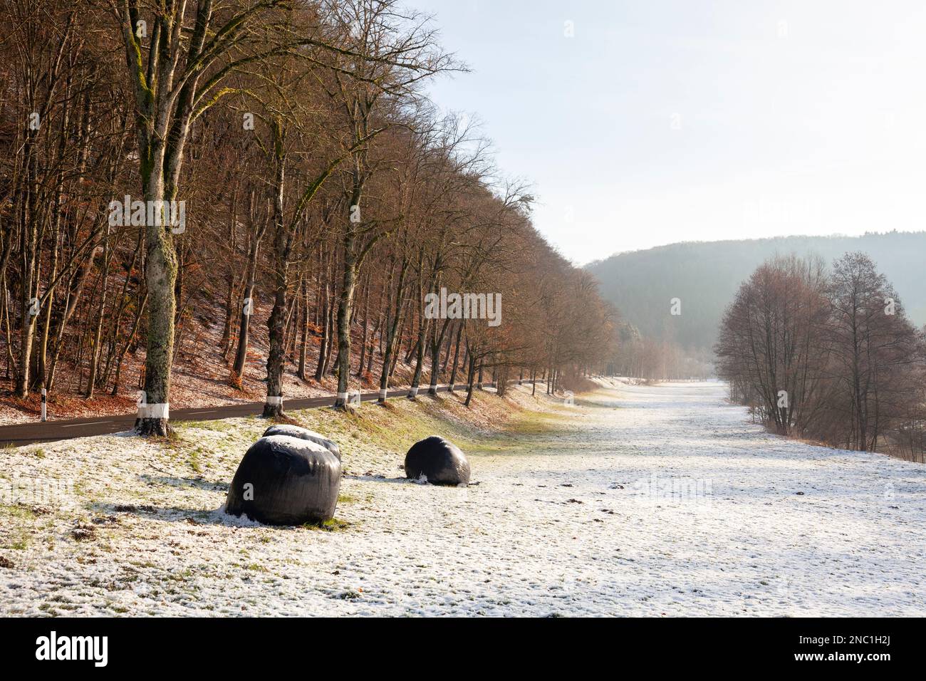 Europe, Luxembourg, Septfontaines, Views along the Eisch Valley in Wintertime beside the CR105 Highway Stock Photo