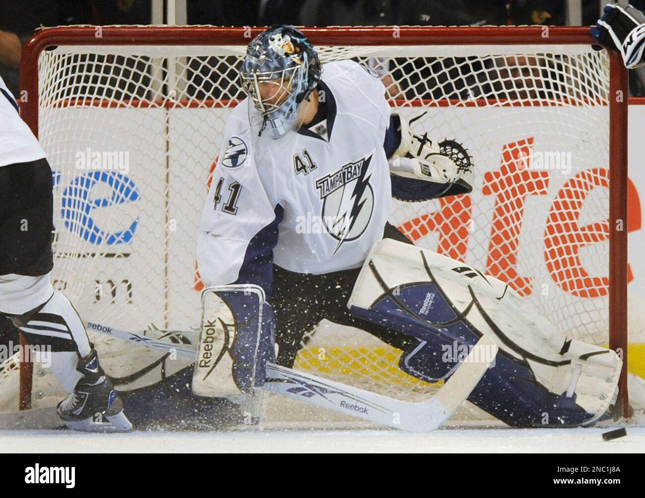 Tampa Bay Lightning goalie Mike Smith makes a save against the Chicago Blackhawks in the first