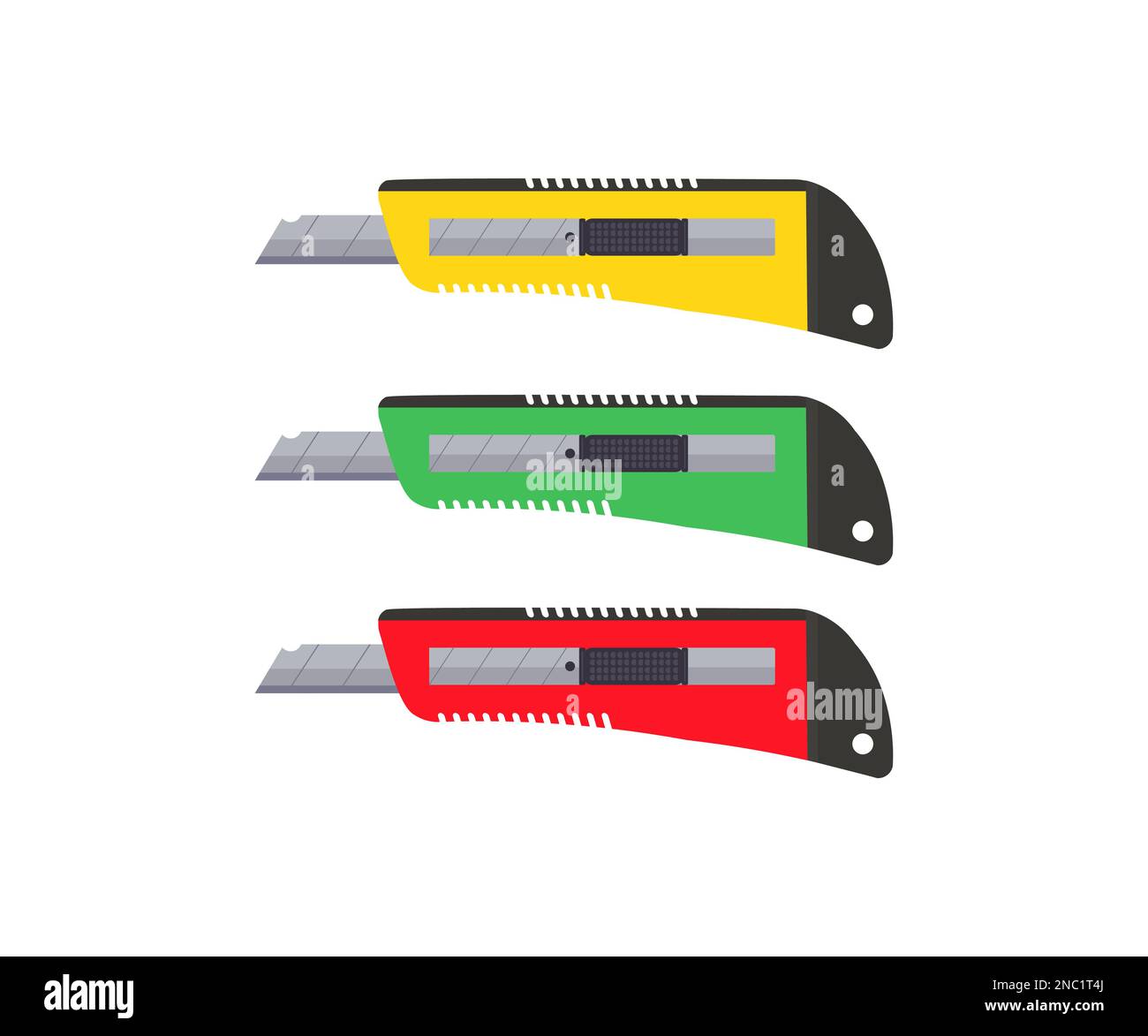 Stationery knife yellow, green, red. Icon for paper cutting, box cutter knife, office supplies logo design. The stationery knife isolated. Stock Vector