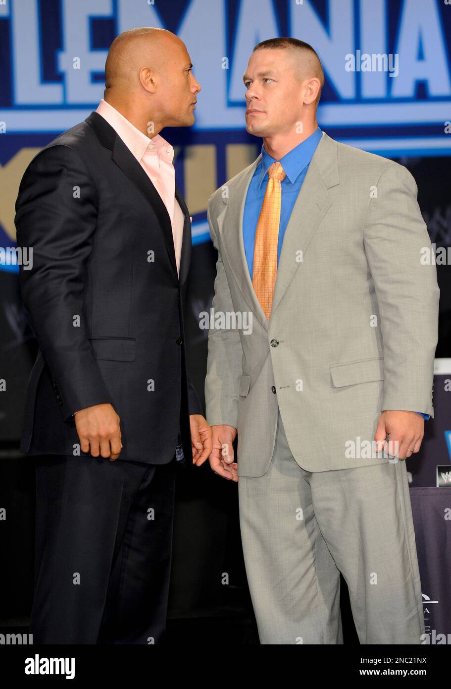 Dwayne The Rock Johnson, John Cena in attendance for WRESTLEMANIA XXVII  Press Conference, Hard Rock Cafe, New York, NY March 30, 2011. Photo By:  Rob Rich/Everett Collection Stock Photo - Alamy