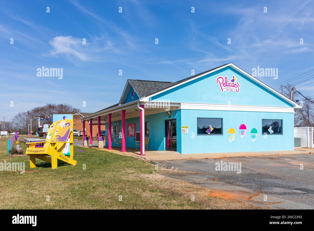 HICKORY, NC, USA-7 FEB 2023:Pelican's Snoballs, located on US 321 across from Appalachian State University-Hickory campus. Stock Photo
