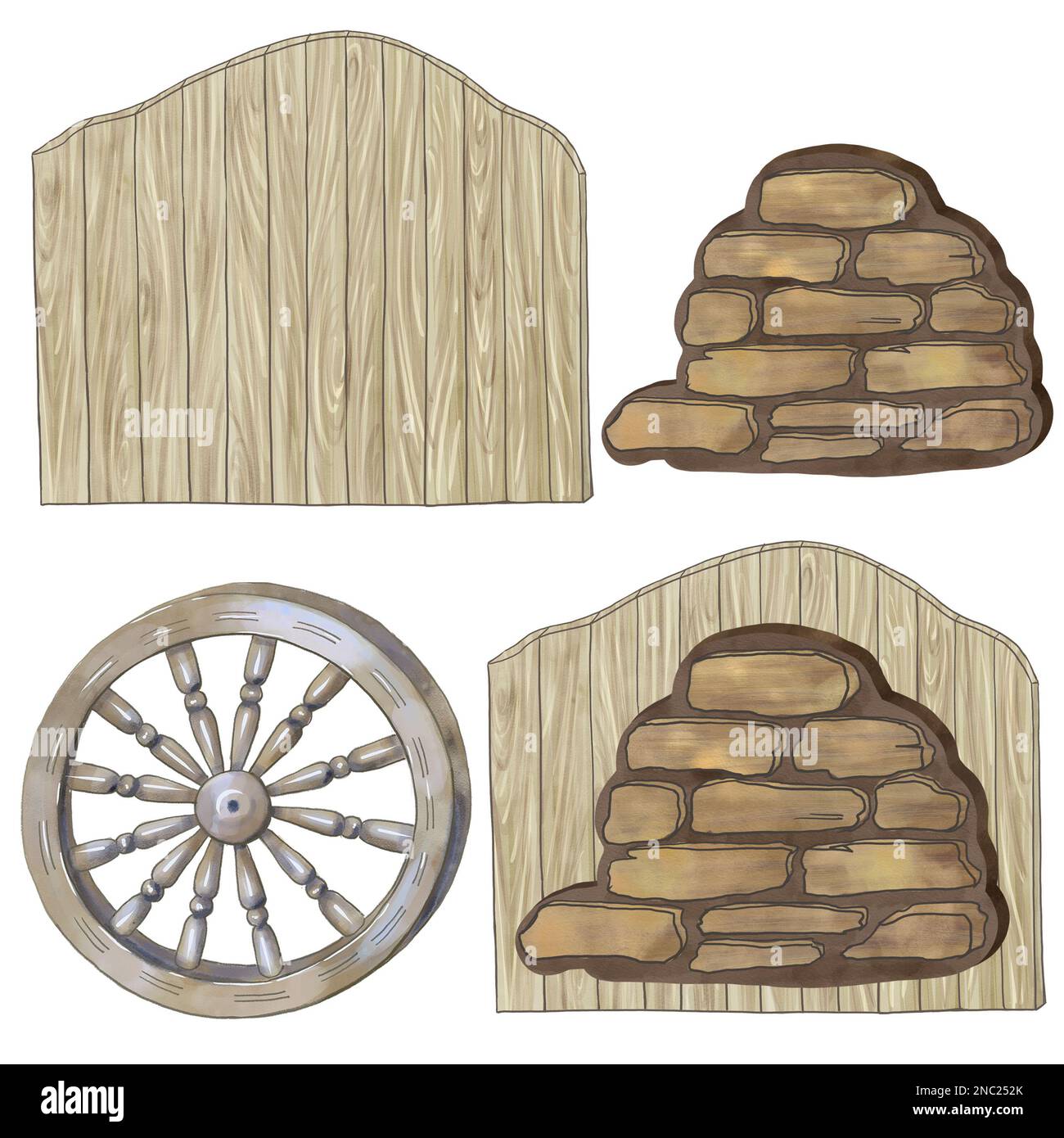 illustration of a wooden and brick background, and a drawing of a wagon wheel. High quality illustration Stock Photo