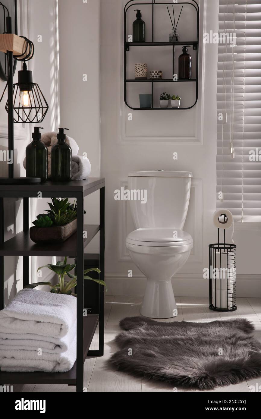 Modern toilet bowl in comfortable restroom. Interior design Stock Photo