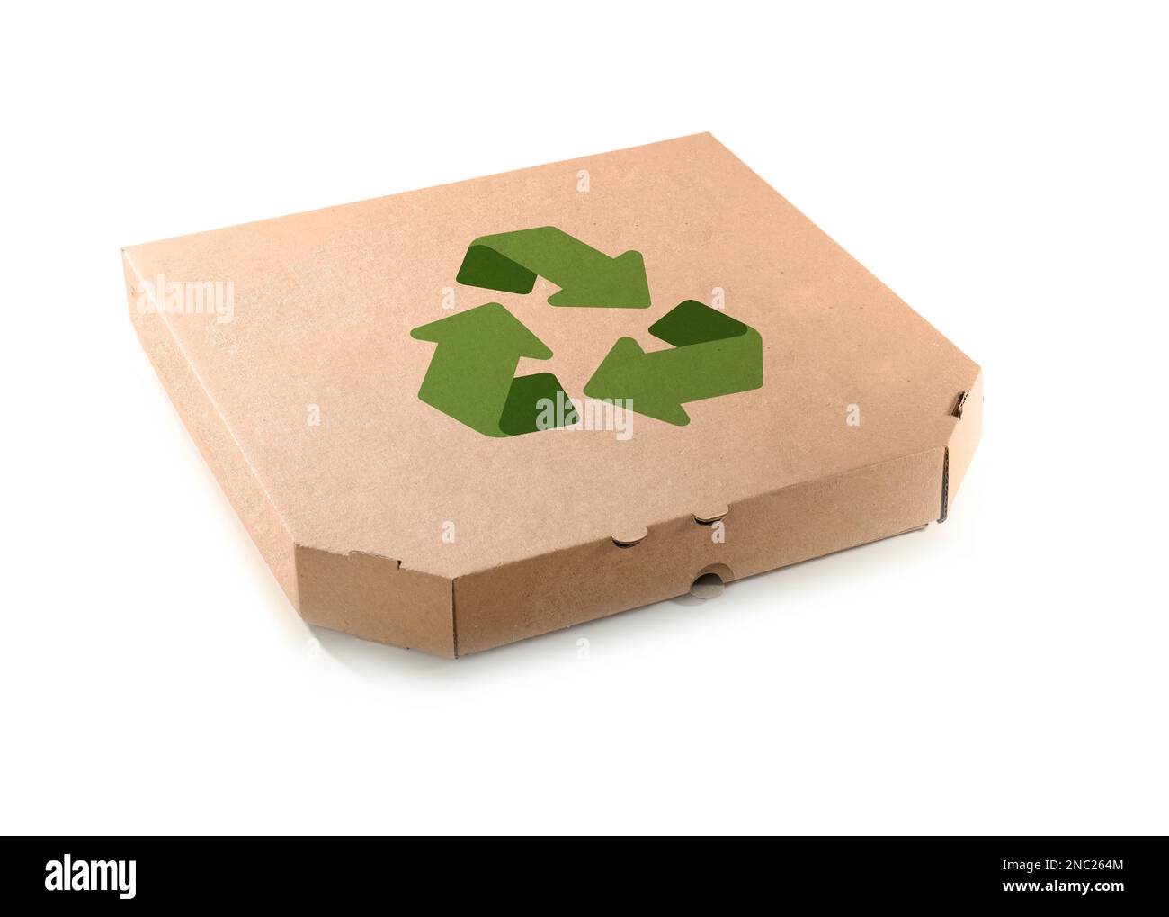 Cardboard pizza box with recycling symbol on white background Stock