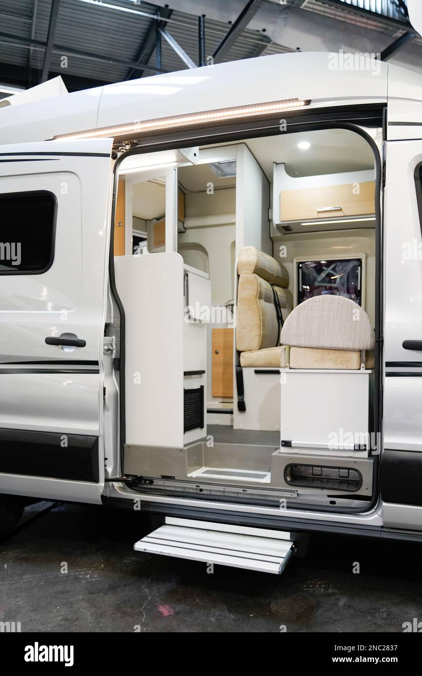 camper van motorhome interior in dealership showroom Stock Photo Alamy