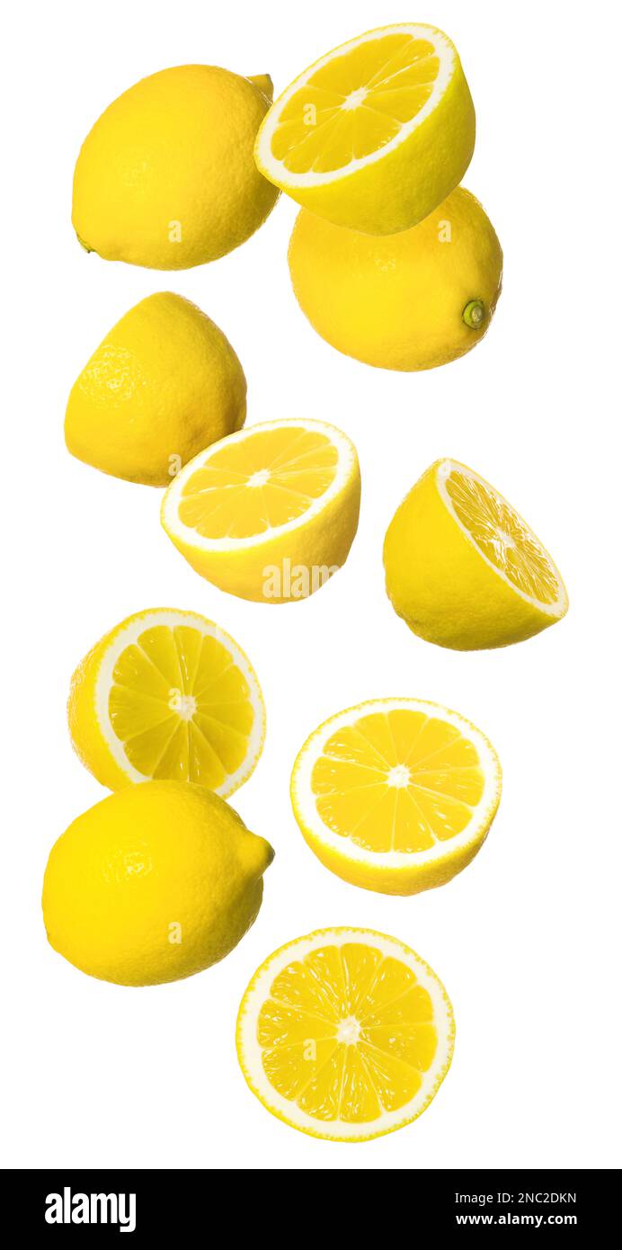 Fresh ripe lemons falling on white background Stock Photo Alamy