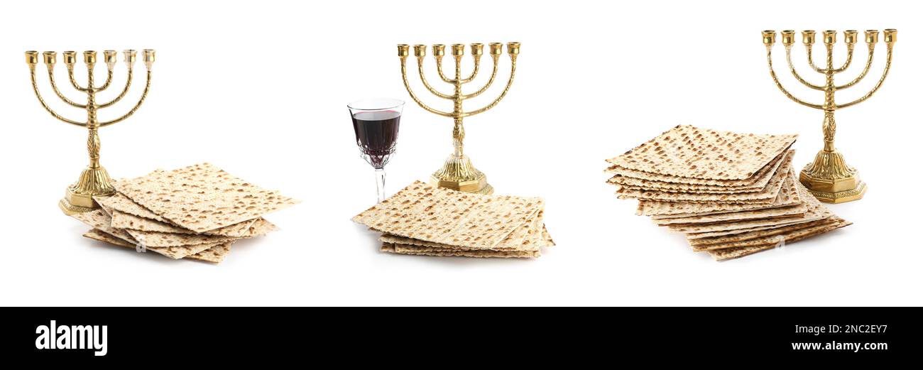 Set with Passover matzos, red wine and menorahs on white background