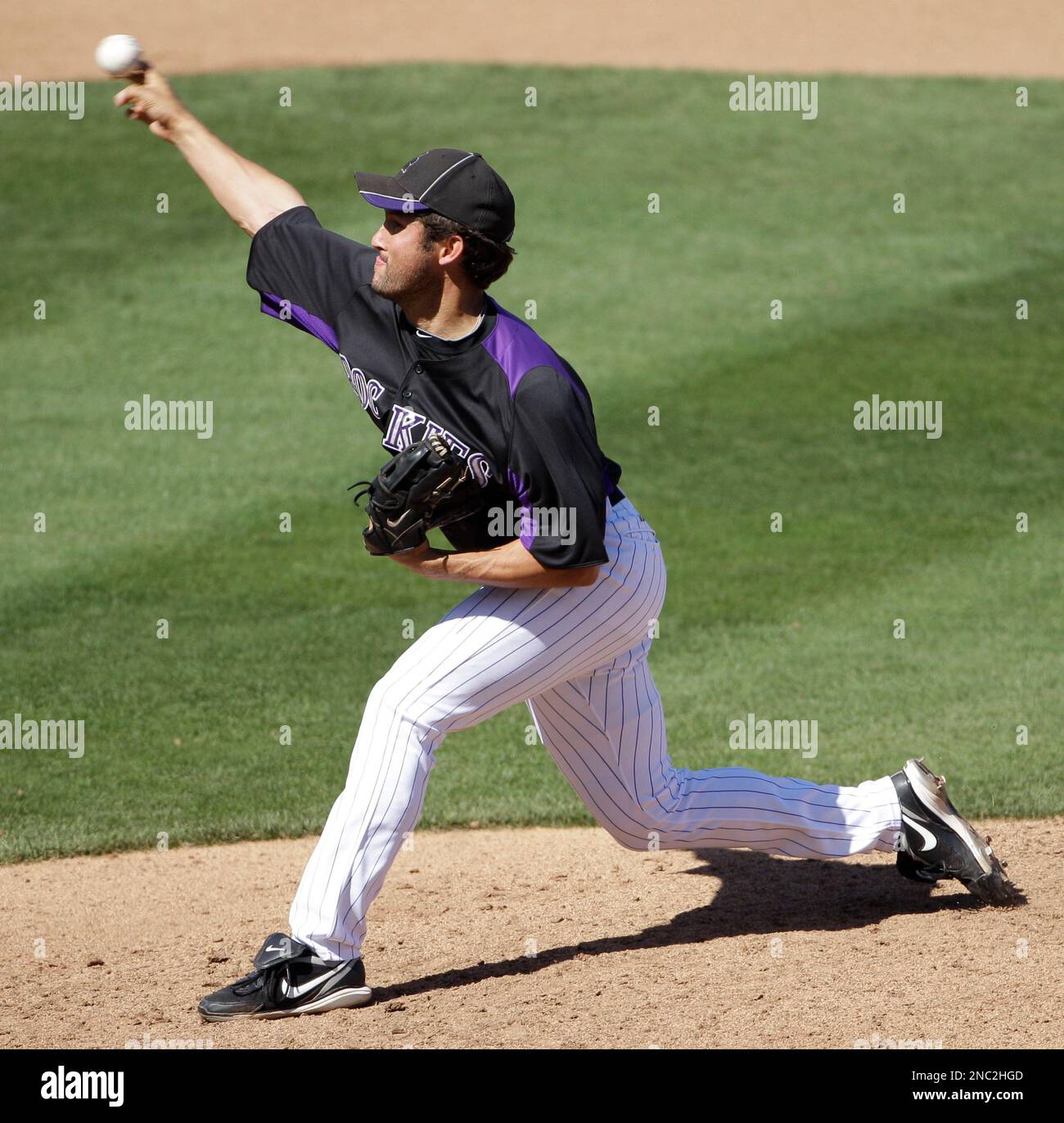 Colorado Rockies relief pitcher Huston Street during their spring training baseball game against the Oakland Athletics at Salt River Fields at Talking Stick near Scottsdale, Ariz., Sunday, March 27, 2011. Colorado won the game 5-2. (AP Photo/Eric Risberg) Stock Photo