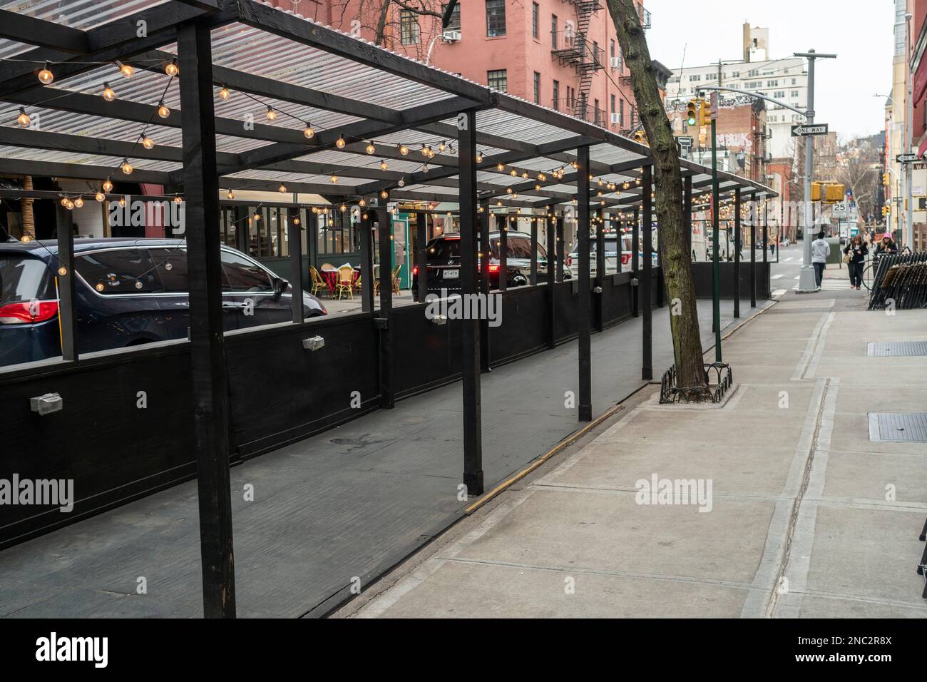 Al fresco dining sheds in Greenwich Village in New York on Tuesday
