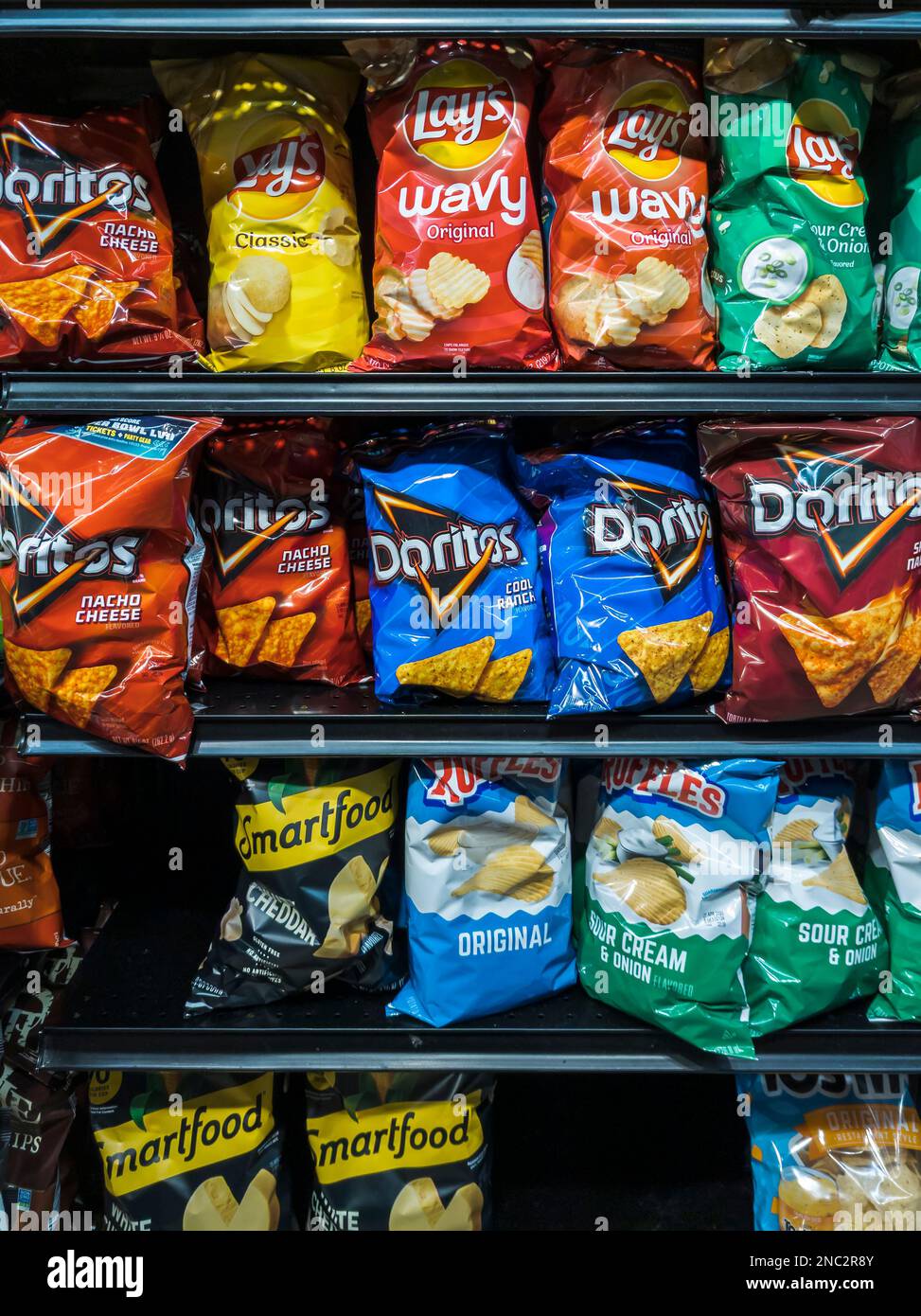 A display of tasty Pepsico’s Frito-Lay brand  chips and snacks in New York on Monday, February 6, 2022. (© Richard B. Levine) Stock Photo