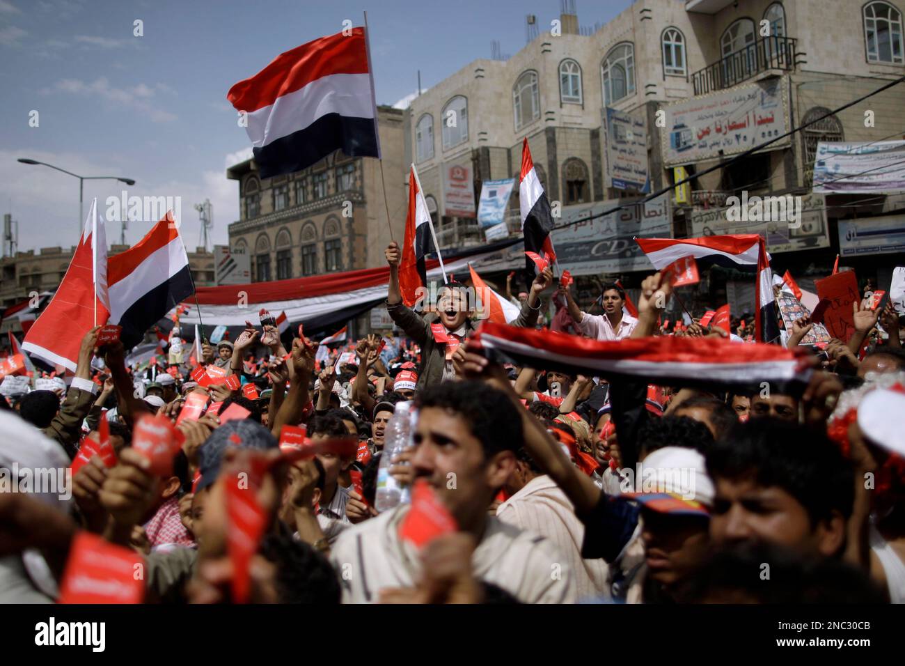 Antigovernment protestors wave their national flag and chant slogans